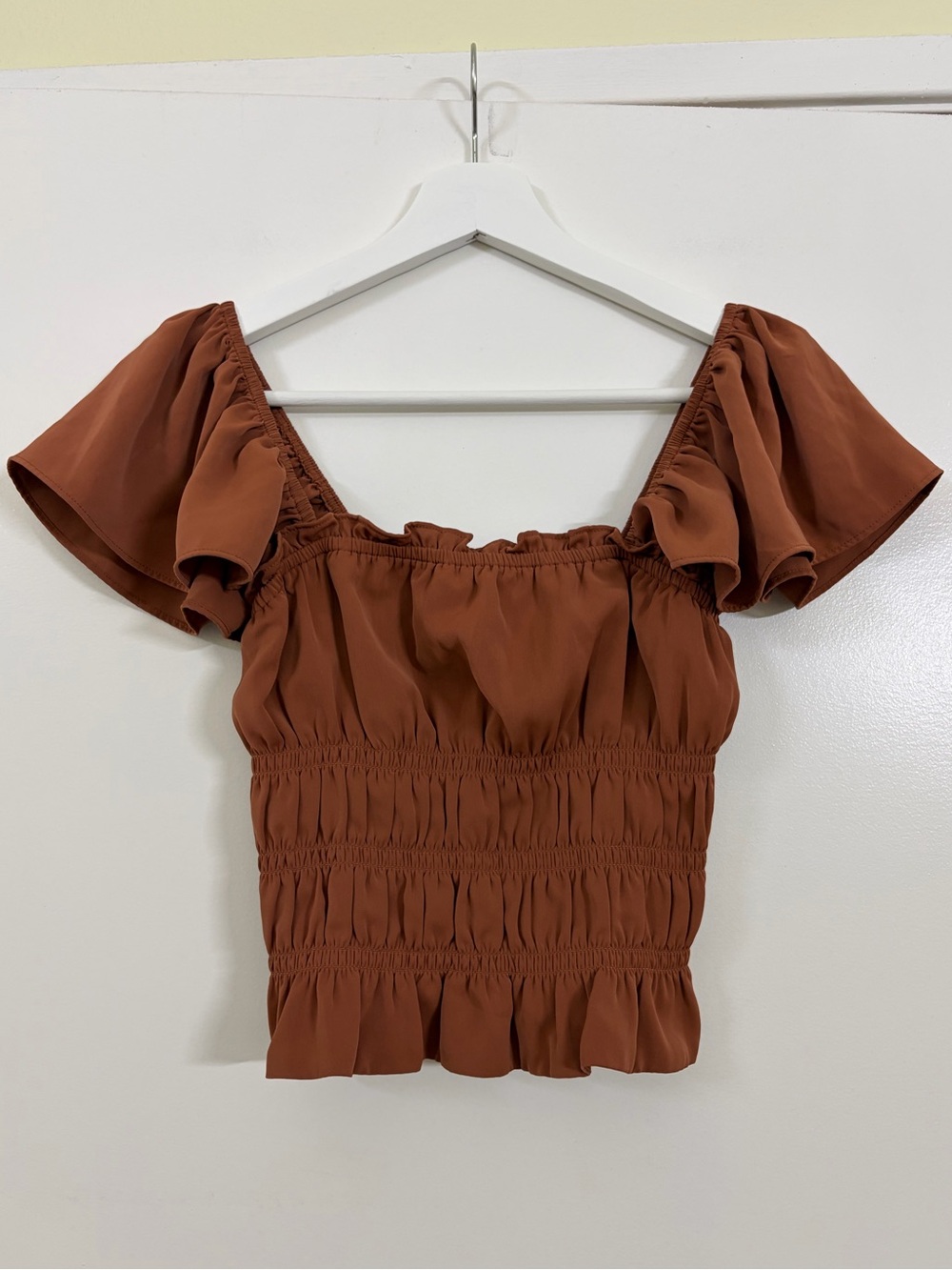 Abercrombie & Fitch Rust Brown Smocked Flutter Sleeve Cottagecore Peplum Top S